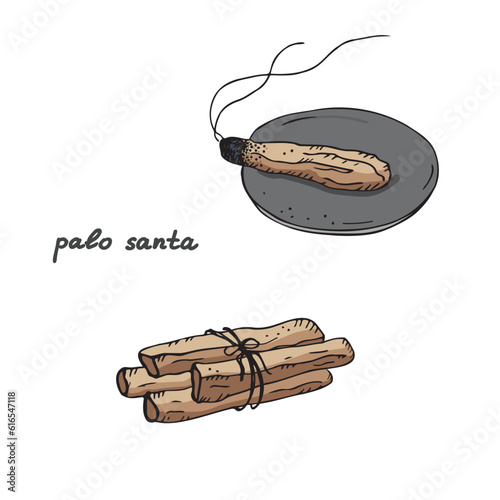 Palo Santo Aroma sticks of the sacred tree  from Latin America. A bunch of incense and a burning stick for fumigation and aromatherapy. Mystical symbol for spiritual practice vector illustration