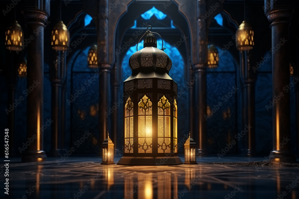 Fototapeta premium Ramadan lantern flashing in a dark place with lights in the background