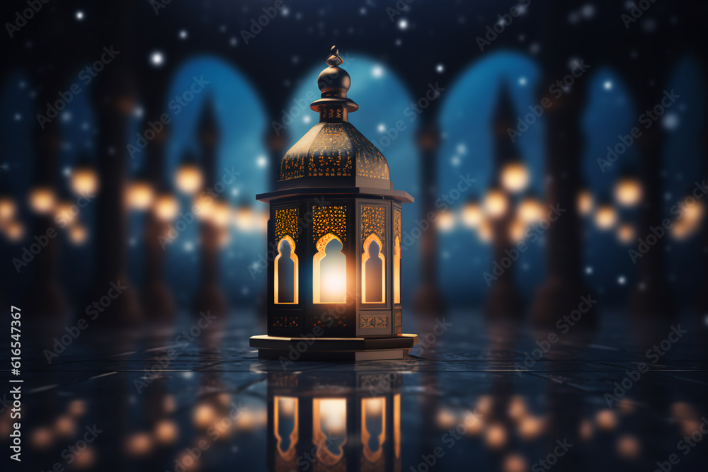 Ramadan lantern flashing in a dark place with lights in the background Ramadan lantern flashing in a dark place with lights in the background