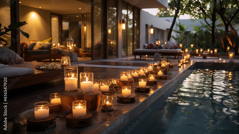 relaxing  evening cozy thai resort spa salong candles blurred light exotic flowers pool,generated ai