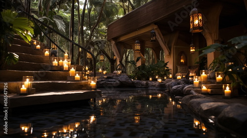 relaxing  evening cozy thai resort spa salong candles blurred light exotic flowers pool,generated ai © Aleksandr