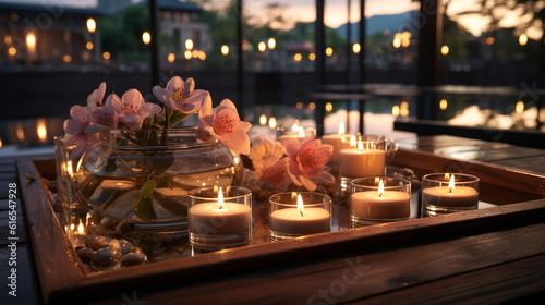relaxing  evening cozy thai resort spa salong candles blurred light exotic flowers pool,generated ai photo