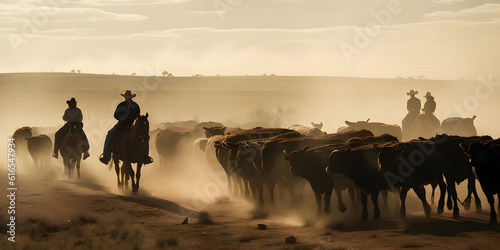 Cowboy Herding Cattle in Dusty Desert Terrain, Generative AI © Forrester