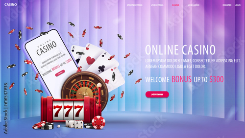 Online casino, light web banner with smartphone, casino slot machine, roulette wheel, poker chips and playing cards on background with curtain