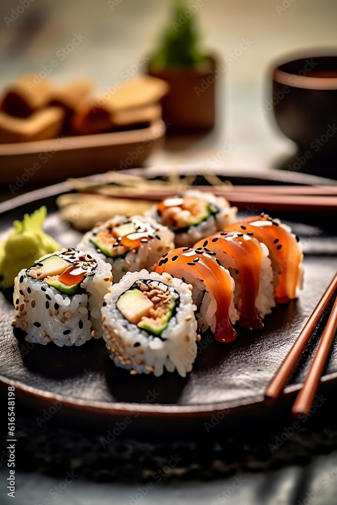Sushi rolls with chia seeds. Generative AI Sushi rolls with chia seeds. Generative AI