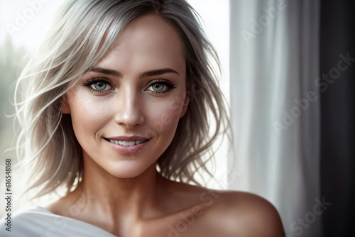 Portrait of a beautiful woman near window in a bedroom. Generative AI.