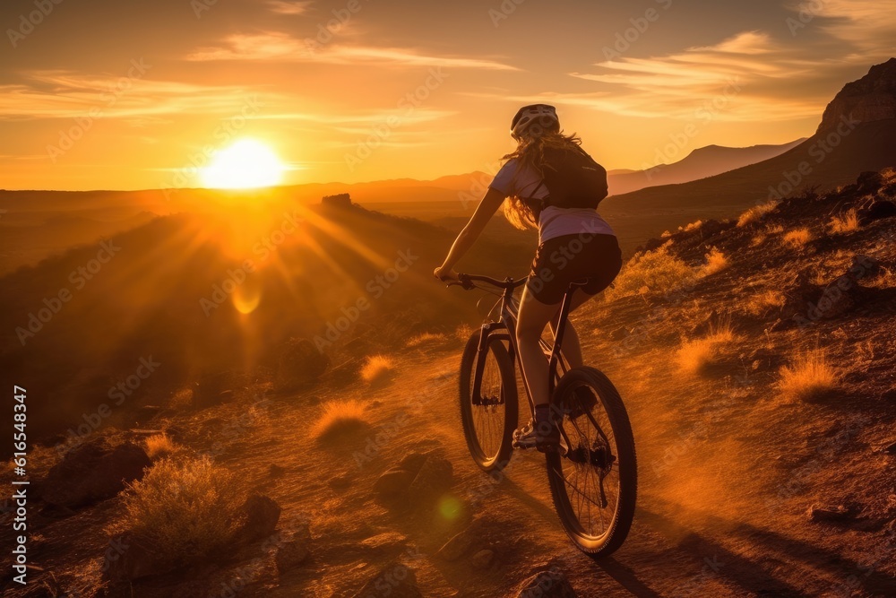 Fototapeta premium A low angle, her silhouette framed against the sunset, mountain bike by her side. Generative AI
