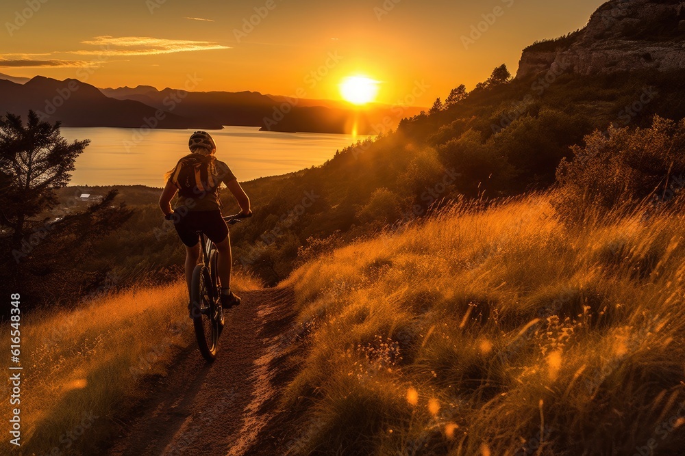 A low angle, her silhouette framed against the sunset, mountain bike by her side. Generative AI A low angle, her silhouette framed against the sunset, mountain bike by her side. Generative AI