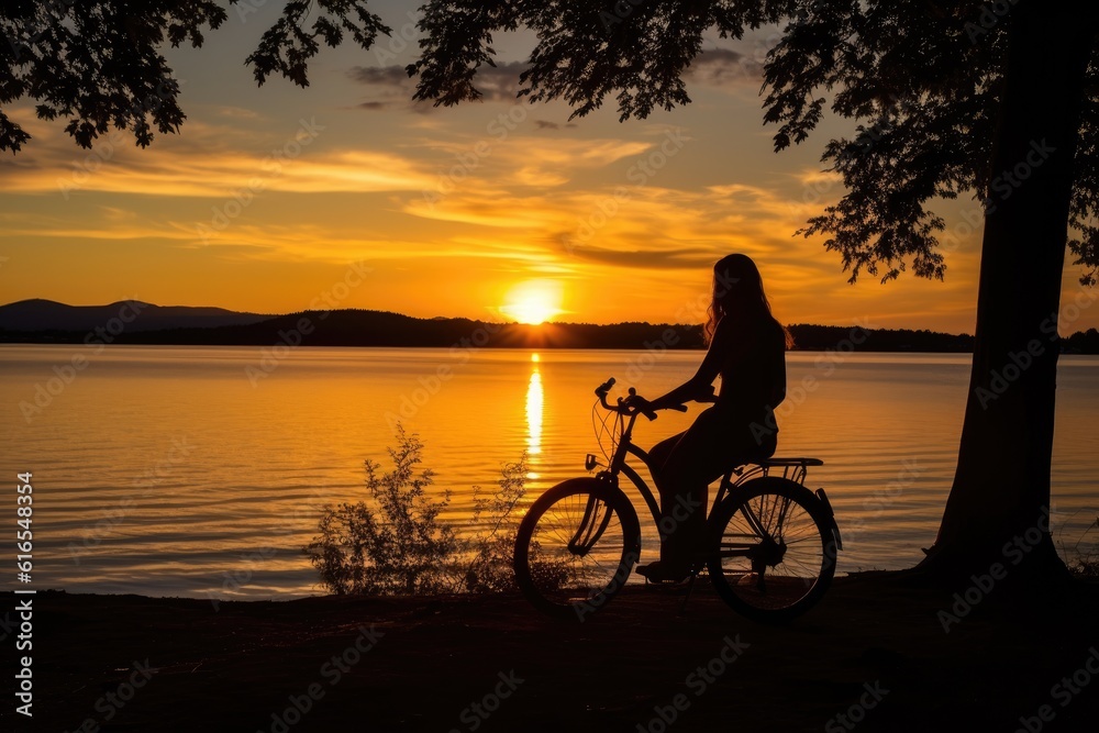 Fototapeta premium A low angle, her silhouette framed against the sunset, mountain bike by her side. Generative AI