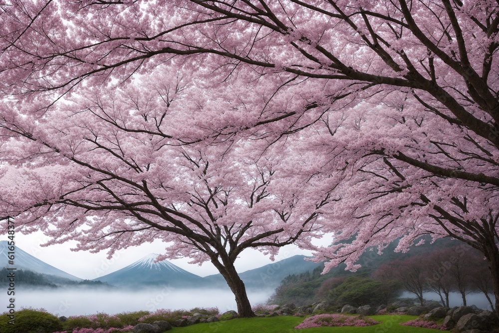 Sakura blossoms in japanese style ornamental garden, beautiful landscape. Generative AI. Sakura blossoms in japanese style ornamental garden, beautiful landscape. Generative AI.