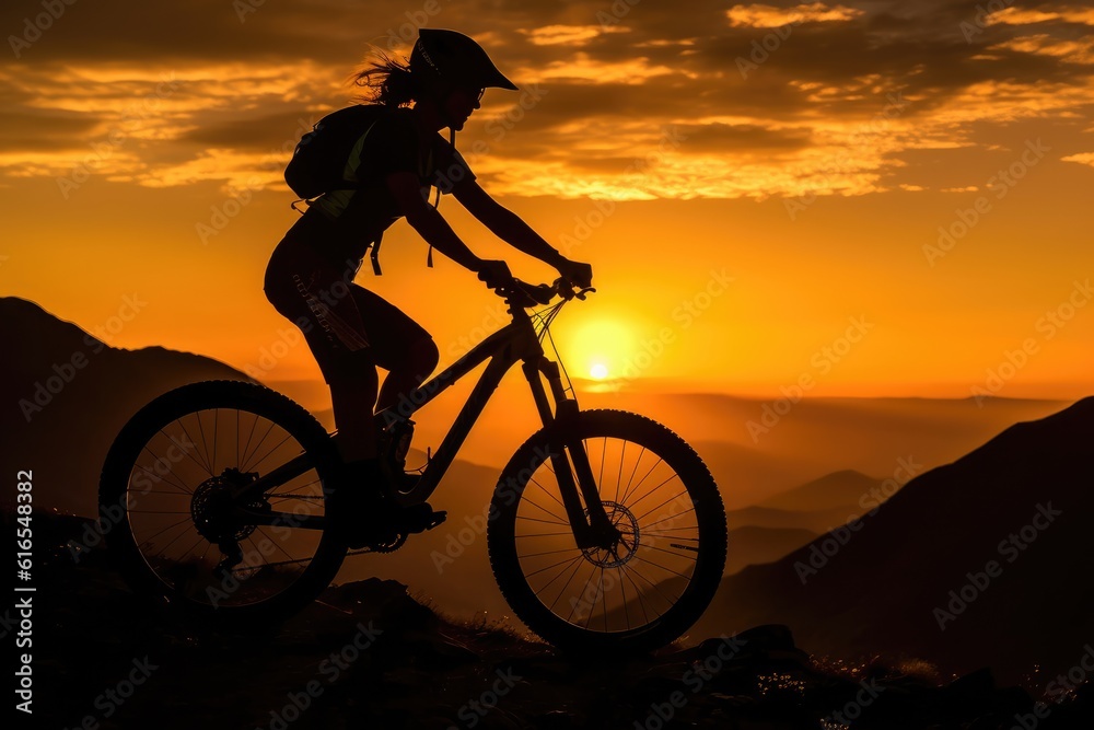 Fototapeta premium A low angle, her silhouette framed against the sunset, mountain bike by her side. Generative AI