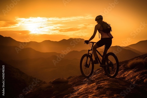 A low angle, her silhouette framed against the sunset, mountain bike by her side. Generative AI