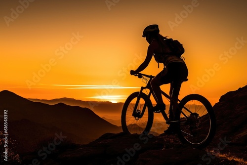 A low angle, her silhouette framed against the sunset, mountain bike by her side. Generative AI