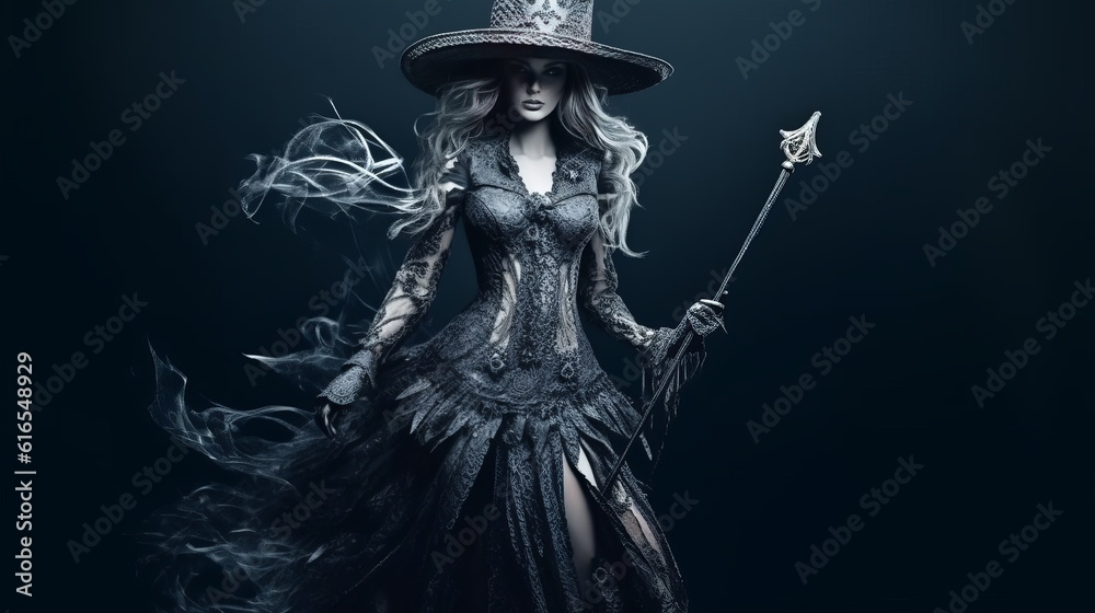 Obraz premium Beautiful witch style girl in gothic clothes with a staff. Witch's Night or All Saints' Eve. Concept: mysticism, game characters, halloween. Generative AI