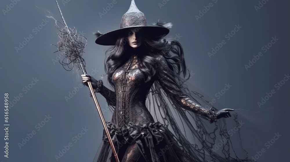 Obraz premium Beautiful witch style girl in gothic clothes with a staff. Witch's Night or All Saints' Eve. Concept: mysticism, game characters, halloween. Generative AI