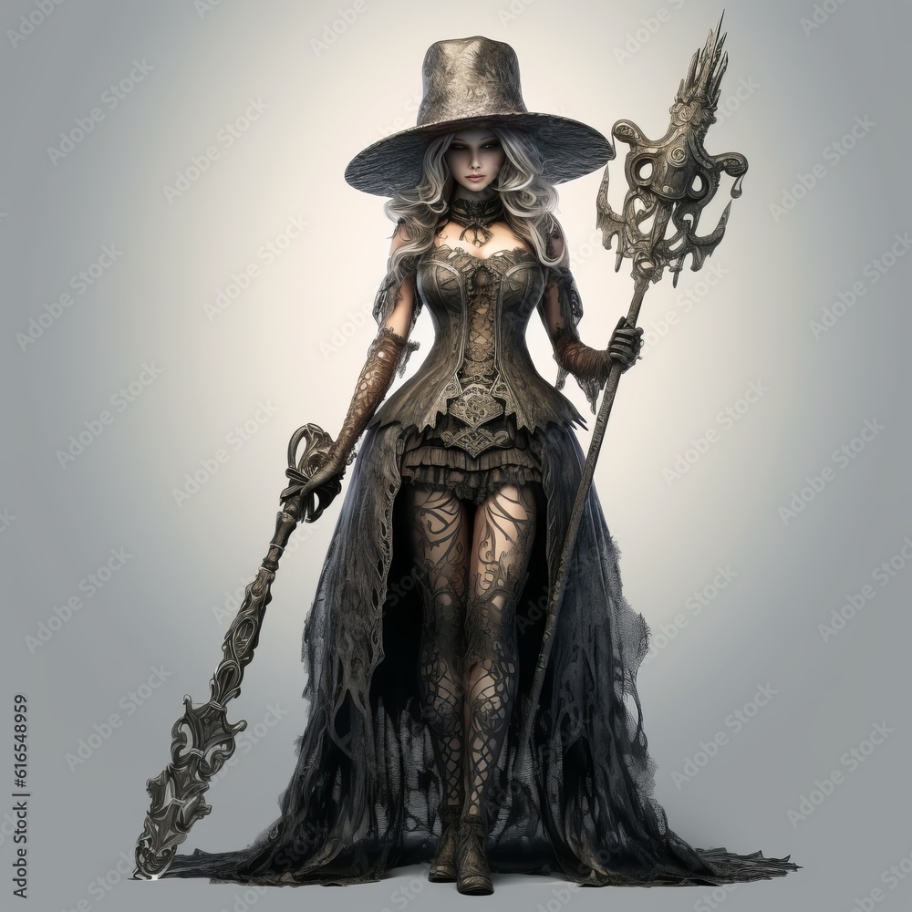 Fototapeta premium Beautiful witch style girl in gothic clothes with a staff. Witch's Night or All Saints' Eve. Concept: mysticism, game characters, halloween. Generative AI