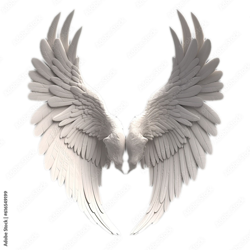 Pair of white wings and feathers isolated on transparent background. Angel/bird/stone style Generative AI Pair of white wings and feathers isolated on transparent background. Angel/bird/stone style Generative AI