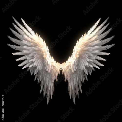 Pair of realistic white wings and feathers on black background with bright light. Angel/bird style Generative AI