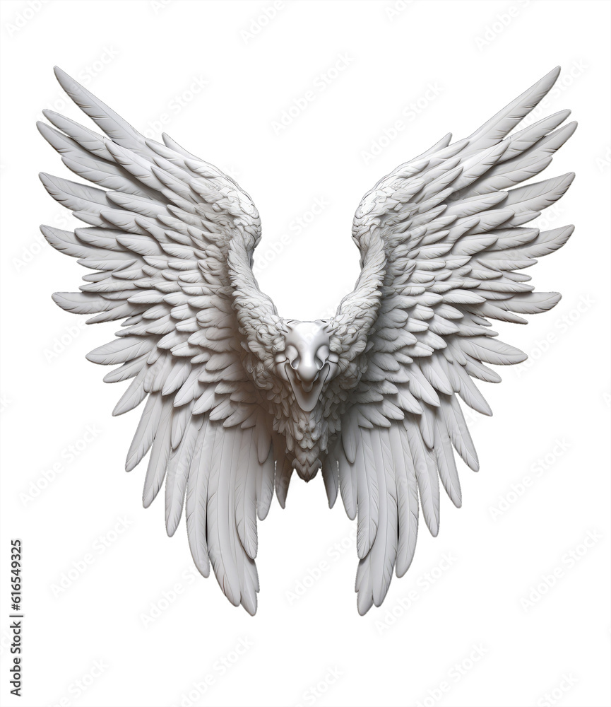 Pair of white wings and feathers isolated on transparent background, angel/bird/stone style, Generative AI Pair of white wings and feathers isolated on transparent background, angel/bird/stone style, Generative AI