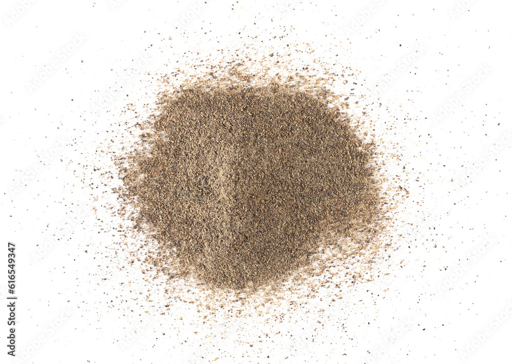 Minced black pepper, ground peppercorn pile isolated on white, top view Minced black pepper, ground peppercorn pile isolated on white, top view