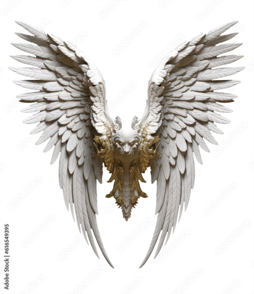 Fototapeta premium Pair of white wings with gold details and feathers isolated on transparent background angel/bird/stone style Generative AI