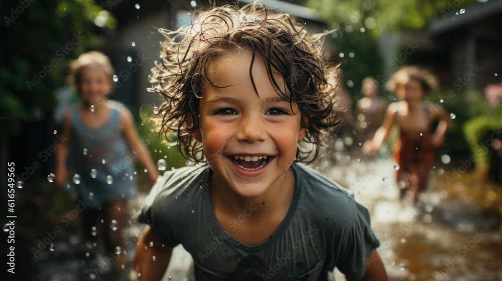 Kids having fun playing in Summer sprinkler water, generative ai