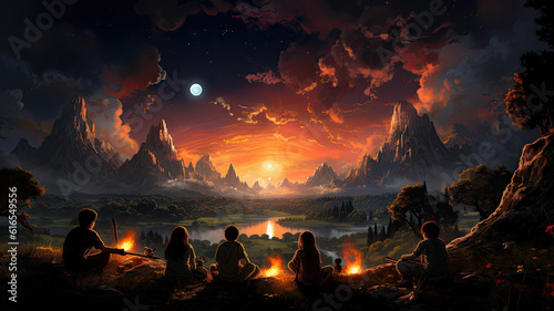 Children camping on mountain with majestic surreal landscape, generative ai