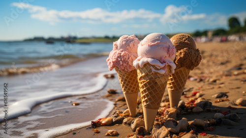 Colorful nostalgic ice cream cones in sand at beach on summer day, generative ai