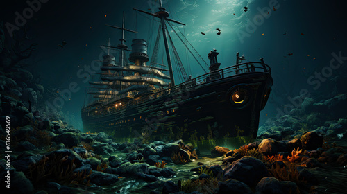 Sunken Ship Wreckage in Underwater Abyss, generative ai