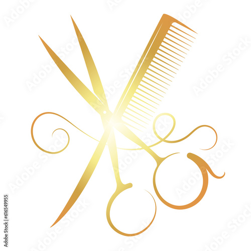 Fotografie Scissors and comb hair curl. Golden design for a beauty salon
