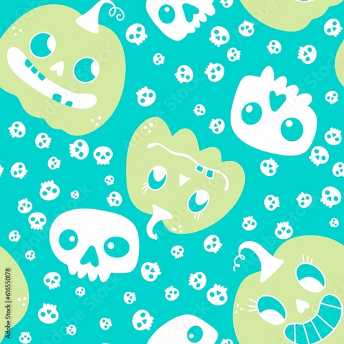Pumpkins cartoon Halloween seamless skulls pattern for wrapping paper and fabrics and linens and kids clothes