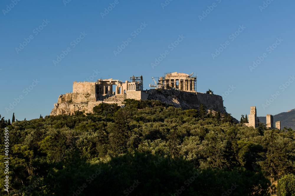 The Acropolis of Athens from south side in the sunset greece