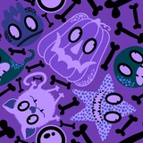 Cartoon Halloween seamless pumpkins and ghost and cat and skulls and starfish pattern for wrapping paper