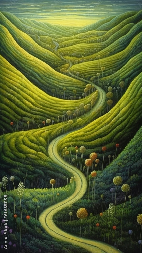 A long winding road through a fantastical landscape. Generative AI. A long winding road through a fantastical landscape. Generative AI.