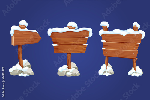 Old wooden blank, signboard on stick with snow and stones in cartoon style.Empty frame, direction plank isolated on white background. Game element Season decoration