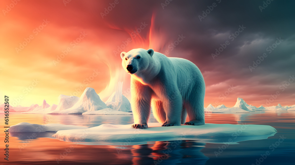 Polar Bear standing on melting ice cap, climate change and global ...