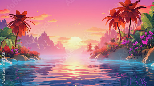 sunset over a landscape by water with palm trees, midjourney generative ai