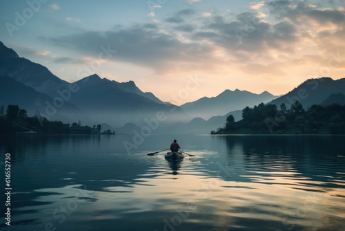 Boat at the lake at sunset with mountains in the background. Illustration AI ...