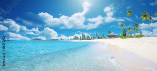 Blue tropical beach background. Illustration AI Generative.