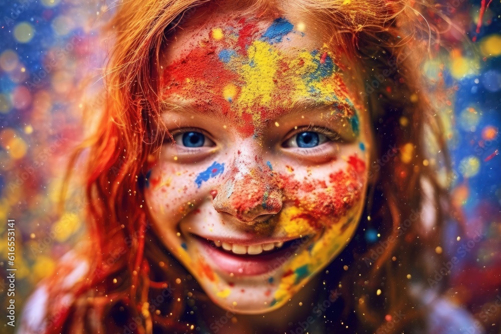 Dynamic and heartwarming close-up shot of a little girl with freckles, eyes sparkling with curiosity and splashes of colorful paint on her face. Generative AI