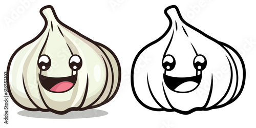 Cartoon happy Garlic character vector illustration, Garlic mascot vector image , colored and black and white line artwork stock vector