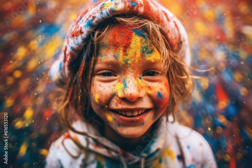 Dynamic and heartwarming close-up shot of a little girl with freckles, eyes sparkling with curiosity and splashes of colorful paint on her face. Generative AI