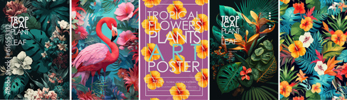 Leinwand Poster Tropical flowers, plants, leaves and flamingos