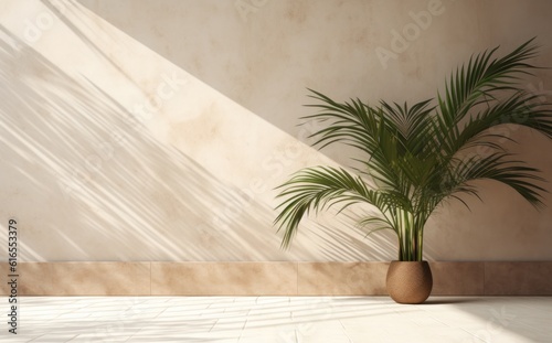 Room with wooden floor and palm shadow. Illustration AI Generative