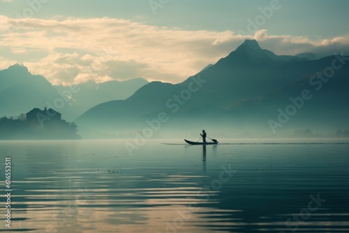 Boat at the lake at sunset with mountains in the background. Illustration AI Generative