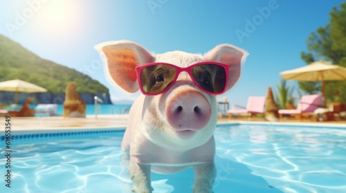Cute pink pig in the swimming pool. Illustration AI Generative.