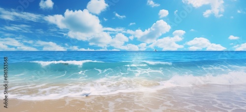 Blue tropical beach background. Illustration AI Generative.