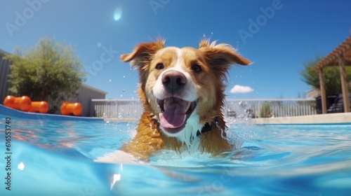 Happy dog at swimming pool. Illustration AI Generative.