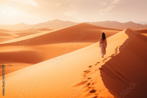 Girl walking in the sand of desert at sunset. Illustration AI Generative