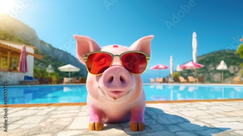 Cute pink pig in the swimming pool. Illustration AI Generative.